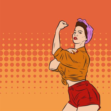 Genç ve güzel bir kadının, eski çizgi roman tarzı pop sanatıyla çizilmiş kol kaslarını gösterişi. Retro kadın işçi gücü ya da feminizm sembolü..