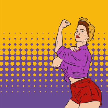 Genç ve güzel bir kadının, eski çizgi roman tarzı pop sanatıyla çizilmiş kol kaslarını gösterişi. Retro kadın işçi gücü ya da feminizm sembolü..