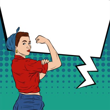 Genç ve güzel bir kadının, eski çizgi roman tarzı pop sanatıyla çizilmiş kol kaslarını gösterişi. Retro kadın işçi gücü ya da feminizm sembolü..