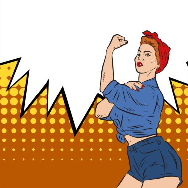 Genç ve güzel bir kadının, eski çizgi roman tarzı pop sanatıyla çizilmiş kol kaslarını gösterişi. Retro kadın işçi gücü ya da feminizm sembolü..