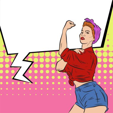 Genç ve güzel bir kadının, eski çizgi roman tarzı pop sanatıyla çizilmiş kol kaslarını gösterişi. Retro kadın işçi gücü ya da feminizm sembolü..