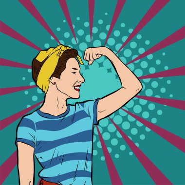 Genç ve güzel bir kadının, eski çizgi roman tarzı pop sanatıyla çizilmiş kol kaslarını gösterişi. Retro kadın işçi gücü ya da feminizm sembolü..