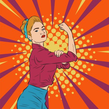 Genç ve güzel bir kadının, eski çizgi roman tarzı pop sanatıyla çizilmiş kol kaslarını gösterişi. Retro kadın işçi gücü ya da feminizm sembolü..