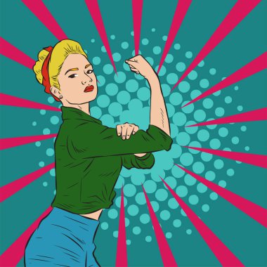 Genç ve güzel bir kadının, eski çizgi roman tarzı pop sanatıyla çizilmiş kol kaslarını gösterişi. Retro kadın işçi gücü ya da feminizm sembolü..