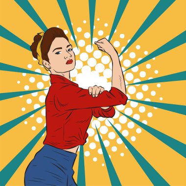 Genç ve güzel bir kadının, eski çizgi roman tarzı pop sanatıyla çizilmiş kol kaslarını gösterişi. Retro kadın işçi gücü ya da feminizm sembolü..