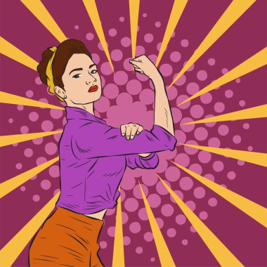 Genç ve güzel bir kadının, eski çizgi roman tarzı pop sanatıyla çizilmiş kol kaslarını gösterişi. Retro kadın işçi gücü ya da feminizm sembolü..