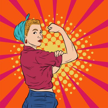 Genç ve güzel bir kadının, eski çizgi roman tarzı pop sanatıyla çizilmiş kol kaslarını gösterişi. Retro kadın işçi gücü ya da feminizm sembolü..