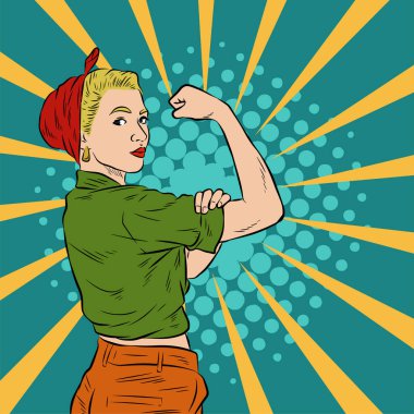 Genç ve güzel bir kadının, eski çizgi roman tarzı pop sanatıyla çizilmiş kol kaslarını gösterişi. Retro kadın işçi gücü ya da feminizm sembolü..