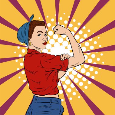 Genç ve güzel bir kadının, eski çizgi roman tarzı pop sanatıyla çizilmiş kol kaslarını gösterişi. Retro kadın işçi gücü ya da feminizm sembolü..