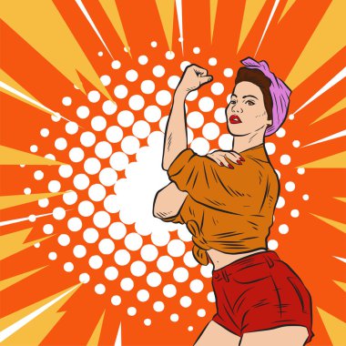 Genç ve güzel bir kadının, eski çizgi roman tarzı pop sanatıyla çizilmiş kol kaslarını gösterişi. Retro kadın işçi gücü ya da feminizm sembolü..