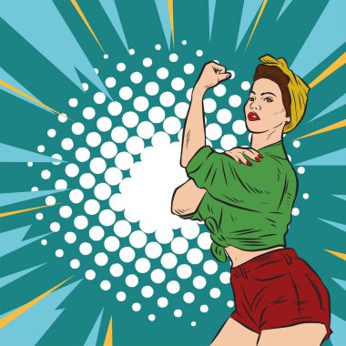 Genç ve güzel bir kadının, eski çizgi roman tarzı pop sanatıyla çizilmiş kol kaslarını gösterişi. Retro kadın işçi gücü ya da feminizm sembolü..