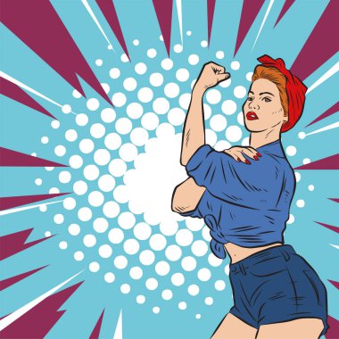 Genç ve güzel bir kadının, eski çizgi roman tarzı pop sanatıyla çizilmiş kol kaslarını gösterişi. Retro kadın işçi gücü ya da feminizm sembolü..