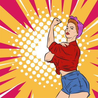 Genç ve güzel bir kadının, eski çizgi roman tarzı pop sanatıyla çizilmiş kol kaslarını gösterişi. Retro kadın işçi gücü ya da feminizm sembolü..