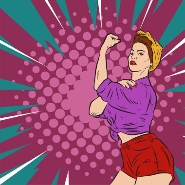 Genç ve güzel bir kadının, eski çizgi roman tarzı pop sanatıyla çizilmiş kol kaslarını gösterişi. Retro kadın işçi gücü ya da feminizm sembolü..