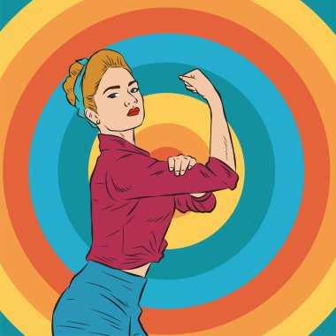 Genç ve güzel bir kadının, eski çizgi roman tarzı pop sanatıyla çizilmiş kol kaslarını gösterişi. Retro kadın işçi gücü ya da feminizm sembolü..