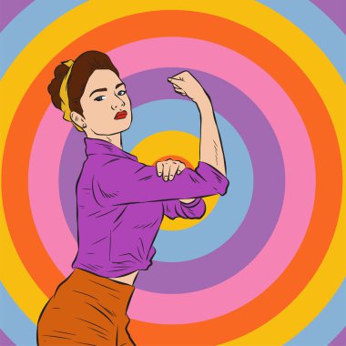 Genç ve güzel bir kadının, eski çizgi roman tarzı pop sanatıyla çizilmiş kol kaslarını gösterişi. Retro kadın işçi gücü ya da feminizm sembolü..