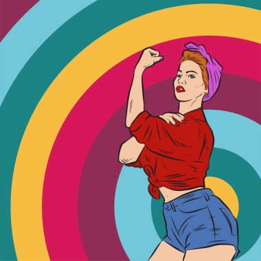 Genç ve güzel bir kadının, eski çizgi roman tarzı pop sanatıyla çizilmiş kol kaslarını gösterişi. Retro kadın işçi gücü ya da feminizm sembolü..