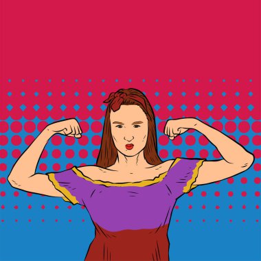 Genç ve güzel bir kadının, eski çizgi roman tarzı pop sanatıyla çizilmiş kol kaslarını gösterişi. Retro kadın işçi gücü ya da feminizm sembolü..