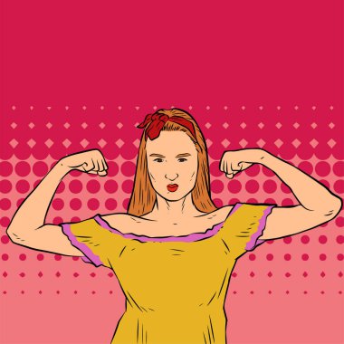 Genç ve güzel bir kadının, eski çizgi roman tarzı pop sanatıyla çizilmiş kol kaslarını gösterişi. Retro kadın işçi gücü ya da feminizm sembolü..