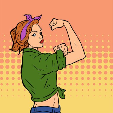 Genç ve güzel bir kadının, eski çizgi roman tarzı pop sanatıyla çizilmiş kol kaslarını gösterişi. Retro kadın işçi gücü ya da feminizm sembolü..
