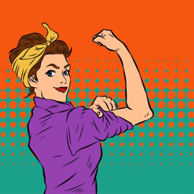 Genç ve güzel bir kadının, eski çizgi roman tarzı pop sanatıyla çizilmiş kol kaslarını gösterişi. Retro kadın işçi gücü ya da feminizm sembolü..