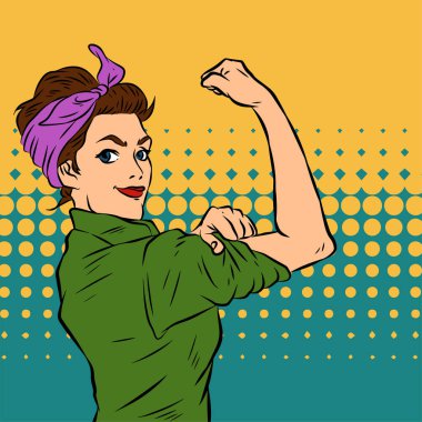 Genç ve güzel bir kadının, eski çizgi roman tarzı pop sanatıyla çizilmiş kol kaslarını gösterişi. Retro kadın işçi gücü ya da feminizm sembolü..