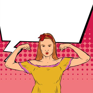Genç ve güzel bir kadının, eski çizgi roman tarzı pop sanatıyla çizilmiş kol kaslarını gösterişi. Retro kadın işçi gücü ya da feminizm sembolü..