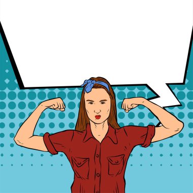 Genç ve güzel bir kadının, eski çizgi roman tarzı pop sanatıyla çizilmiş kol kaslarını gösterişi. Retro kadın işçi gücü ya da feminizm sembolü..