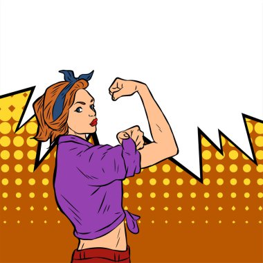 Genç ve güzel bir kadının, eski çizgi roman tarzı pop sanatıyla çizilmiş kol kaslarını gösterişi. Retro kadın işçi gücü ya da feminizm sembolü..