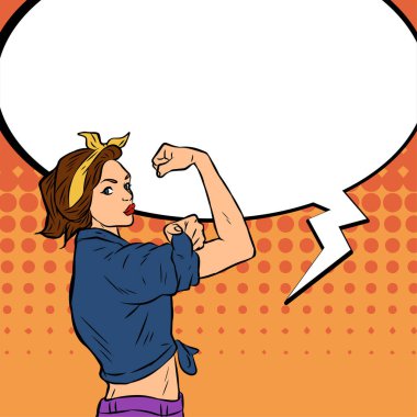 Genç ve güzel bir kadının, eski çizgi roman tarzı pop sanatıyla çizilmiş kol kaslarını gösterişi. Retro kadın işçi gücü ya da feminizm sembolü..