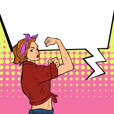 Genç ve güzel bir kadının, eski çizgi roman tarzı pop sanatıyla çizilmiş kol kaslarını gösterişi. Retro kadın işçi gücü ya da feminizm sembolü..