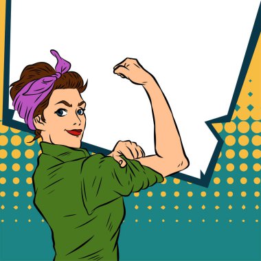 Genç ve güzel bir kadının, eski çizgi roman tarzı pop sanatıyla çizilmiş kol kaslarını gösterişi. Retro kadın işçi gücü ya da feminizm sembolü..