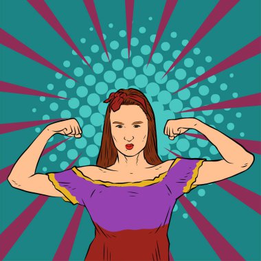 Genç ve güzel bir kadının, eski çizgi roman tarzı pop sanatıyla çizilmiş kol kaslarını gösterişi. Retro kadın işçi gücü ya da feminizm sembolü..