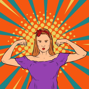 Genç ve güzel bir kadının, eski çizgi roman tarzı pop sanatıyla çizilmiş kol kaslarını gösterişi. Retro kadın işçi gücü ya da feminizm sembolü..