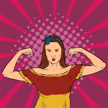 Genç ve güzel bir kadının, eski çizgi roman tarzı pop sanatıyla çizilmiş kol kaslarını gösterişi. Retro kadın işçi gücü ya da feminizm sembolü..