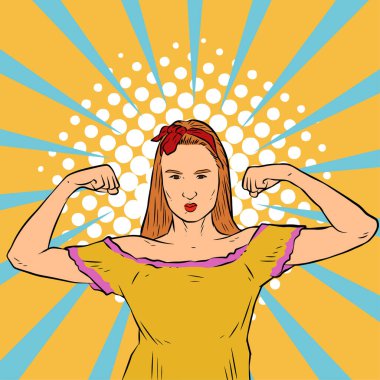 Genç ve güzel bir kadının, eski çizgi roman tarzı pop sanatıyla çizilmiş kol kaslarını gösterişi. Retro kadın işçi gücü ya da feminizm sembolü..