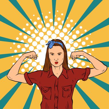 Genç ve güzel bir kadının, eski çizgi roman tarzı pop sanatıyla çizilmiş kol kaslarını gösterişi. Retro kadın işçi gücü ya da feminizm sembolü..