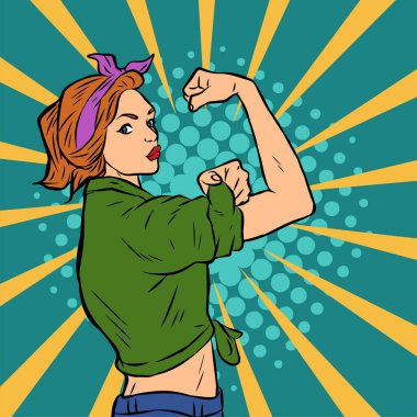 Genç ve güzel bir kadının, eski çizgi roman tarzı pop sanatıyla çizilmiş kol kaslarını gösterişi. Retro kadın işçi gücü ya da feminizm sembolü..