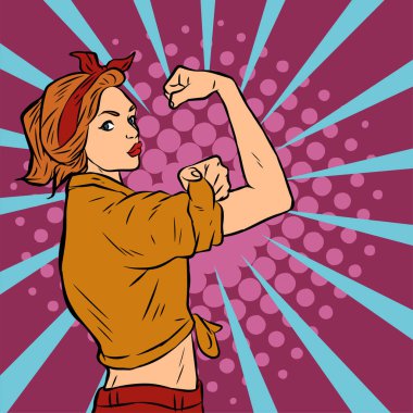Genç ve güzel bir kadının, eski çizgi roman tarzı pop sanatıyla çizilmiş kol kaslarını gösterişi. Retro kadın işçi gücü ya da feminizm sembolü..