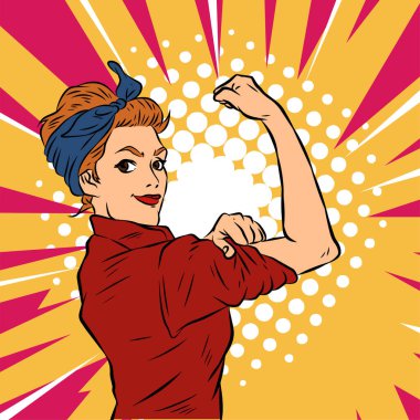 Genç ve güzel bir kadının, eski çizgi roman tarzı pop sanatıyla çizilmiş kol kaslarını gösterişi. Retro kadın işçi gücü ya da feminizm sembolü..