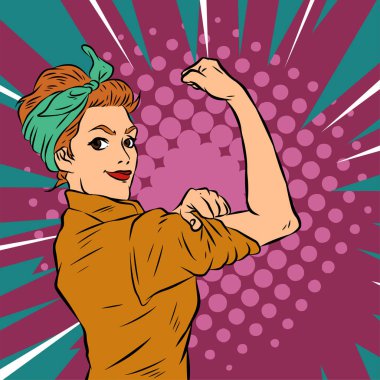 Genç ve güzel bir kadının, eski çizgi roman tarzı pop sanatıyla çizilmiş kol kaslarını gösterişi. Retro kadın işçi gücü ya da feminizm sembolü..