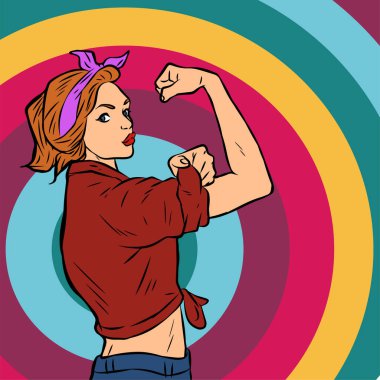 Genç ve güzel bir kadının, eski çizgi roman tarzı pop sanatıyla çizilmiş kol kaslarını gösterişi. Retro kadın işçi gücü ya da feminizm sembolü..