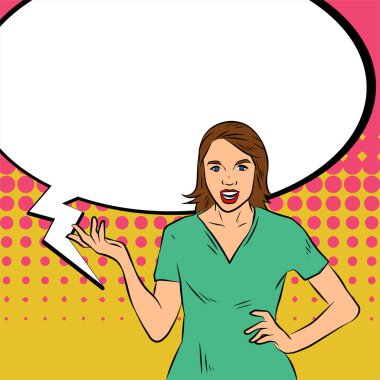 Genç, zayıf bir kadının canlandırması. Eski çizgi roman pop sanatıyla çizilmiş el hareketleriyle yakın plan..