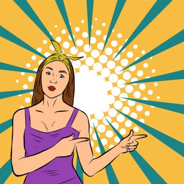 Genç, zayıf bir kadının canlandırması. Eski çizgi roman pop sanatıyla çizilmiş el hareketleriyle yakın plan..