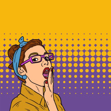 Retro bir kadın tasviri. Kapalı yüz, ağzı açık ve parmakları ağzı kapalı..