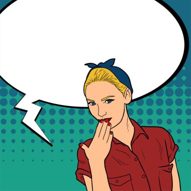 Retro bir dişinin, dudaklarını fısıldayan bir jestle kapatan parmaklarıyla yüzünü kapamasının tasviri.