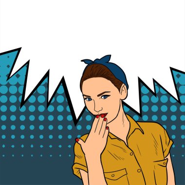 Retro bir dişinin, dudaklarını fısıldayan bir jestle kapatan parmaklarıyla yüzünü kapamasının tasviri.