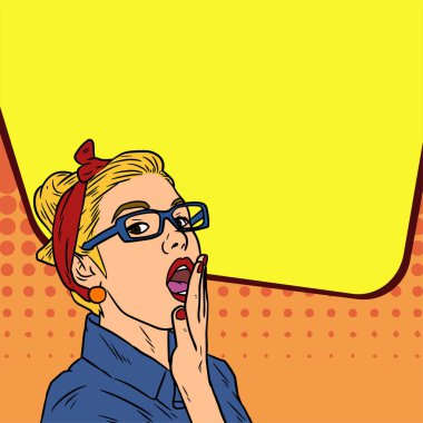 Retro bir kadın tasviri. Kapalı yüz, ağzı açık ve parmakları ağzı kapalı..