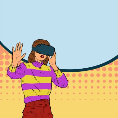 Sanal gerçeklik gözlüğü takan genç bir kadın. VR gözlükleri kullanarak sanal gerçekliği keşfeden genç bir kadının Retro çizgi roman çizimi.