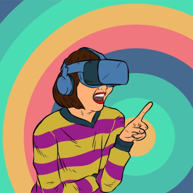 Young female wearing virtual reality goggle headset technology clipart